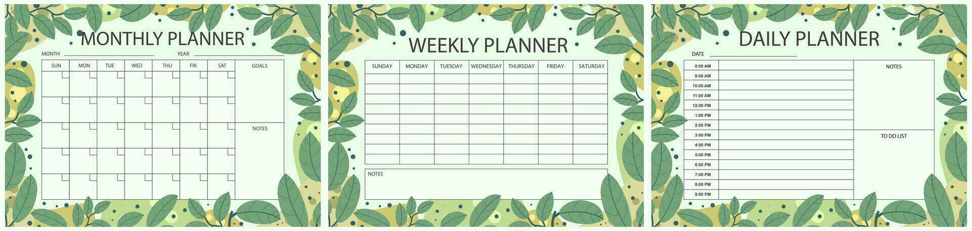 Vector printable planner template set. Set of  Monthly, weekly, daily planner template with notes, goals and to do list. Business organizer page, Notebook paper isolated, Vector illustration