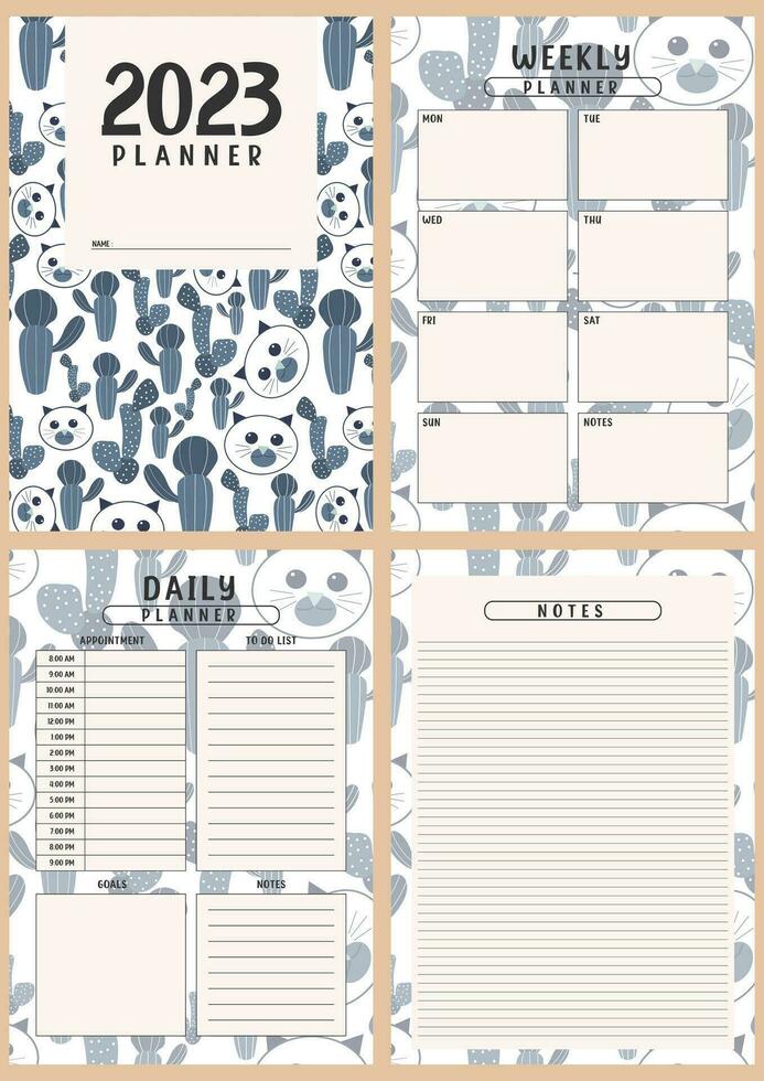 Printable planner template set with cute cat background. Set of cover, weekly, daily planner template with notes, goals and to do list. Schedule, Agenda, planner Overview, Vector illustration