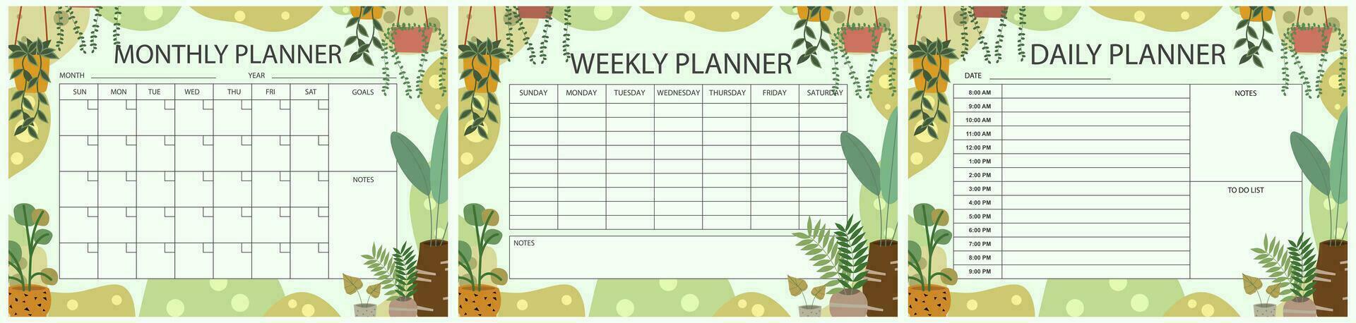 Vector printable planner template set. Set of  Monthly, weekly, daily planner template with notes, goals and to do list. Notebook page, Business organizer page isolated, Vector illustration