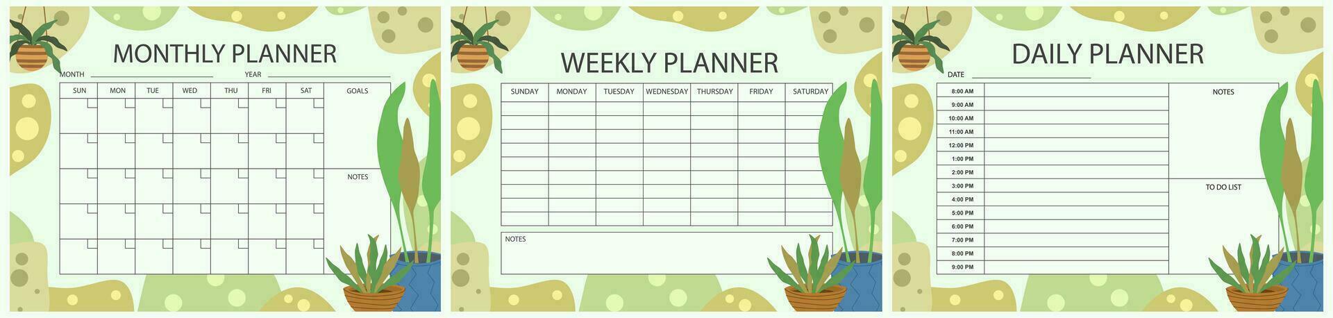 Vector printable planner template set. Set of  Monthly, weekly, daily planner template with notes, goals and to do list. Notebook page isolated, Business organizer page, Vector illustration