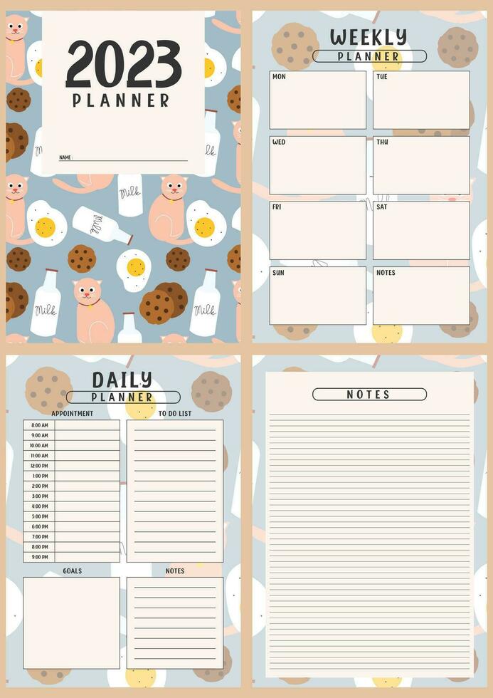 Printable planner template set with cute cat background. Set of cover, weekly, daily planner template with notes, goals and to do list. Notebook page isolated, organizer page, Vector illustration