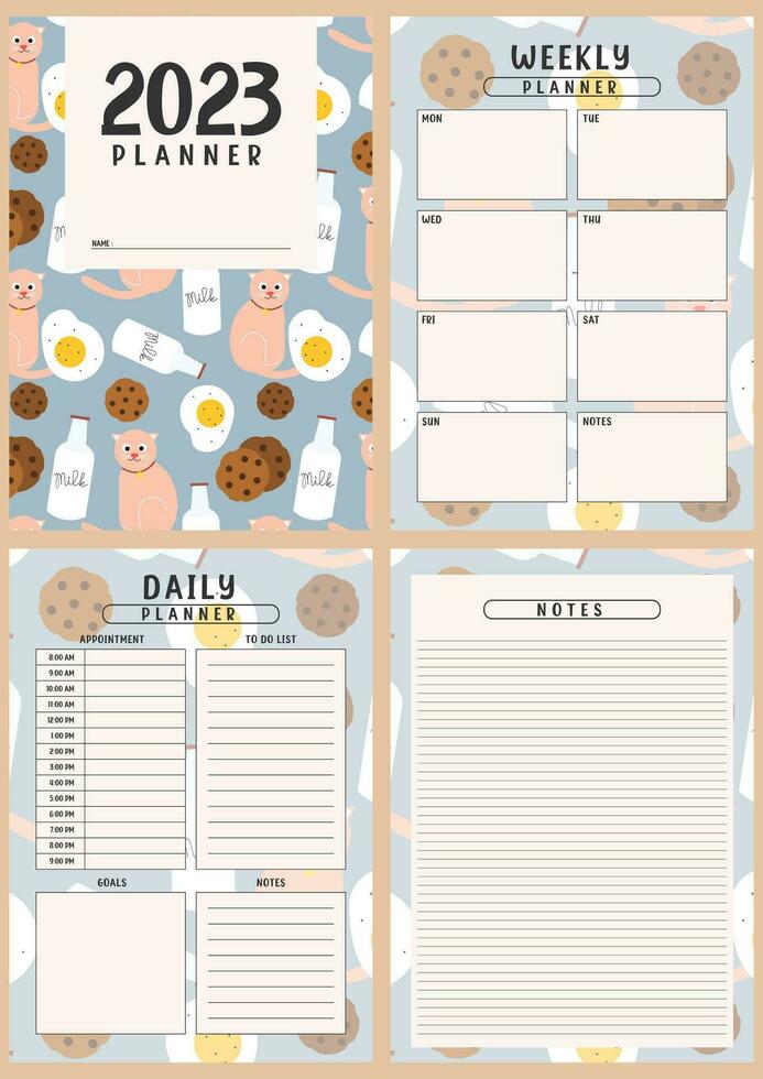 imprimible planificador modelo conjunto con linda gato antecedentes. conjunto de cubrir, semanalmente, diario planificador modelo con notas, metas y a hacer lista. cuaderno página aislado, organizador página, vector ilustración