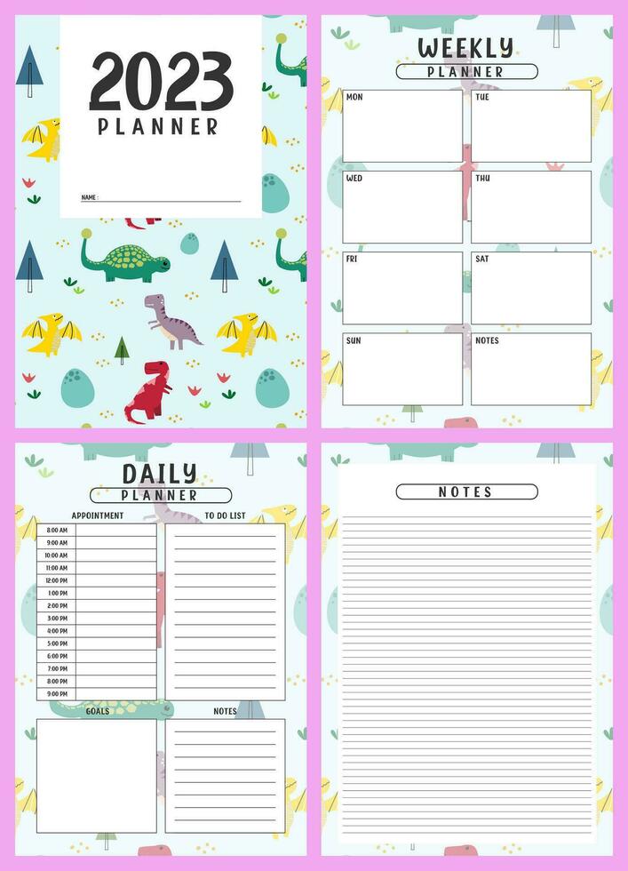 Printable planner template set with dinosaurs background. cover, weekly, daily planner template with notes, goals and to do list. Business organizer page, Notebook isolated, Vector illustration
