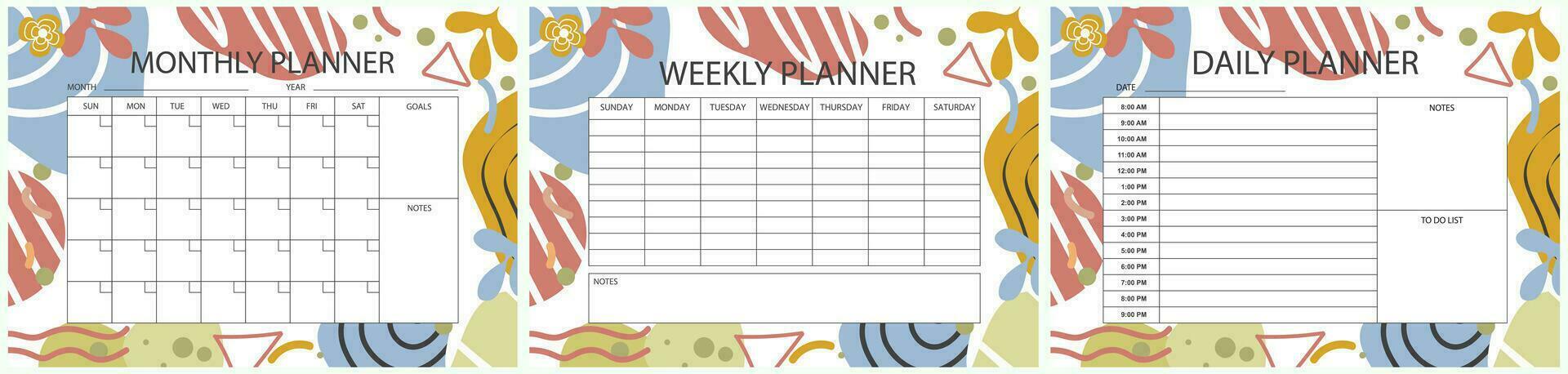 Printable planner template set. Set of  Monthly, weekly, daily planner template with notes, goals and to do list. Business organizer page, Notebook paper isolated, Vector illustration