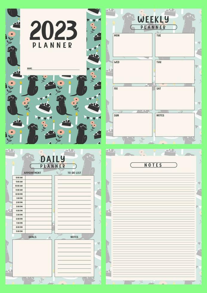 Printable planner template set with cute Dog background. cover, weekly, daily planner template with notes, goals and to do list. Notebook page, organizer page, Vector illustration