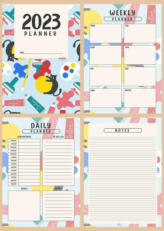 Printable planner template set with cute cat background. Set of cover, weekly, daily planner template with notes, goals and to do list. Schedule, Agenda, planner Overview, Journal, Vector illustration