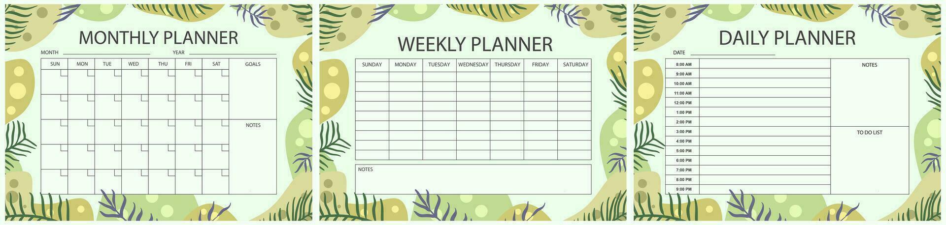 Vector printable planner template set. Set of  Monthly, weekly, daily planner template with notes, goals and to do list. Schedule, Agenda, Weekly Overview, Journal, Organizer, Vector illustration