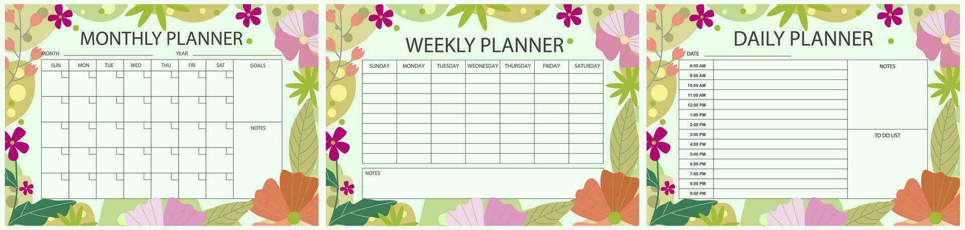 Vector printable planner template set. Set of  Monthly, weekly, daily planner template with notes, goals and to do list. Schedule, Agenda, planner Overview, Journal, Organizer, Vector illustration