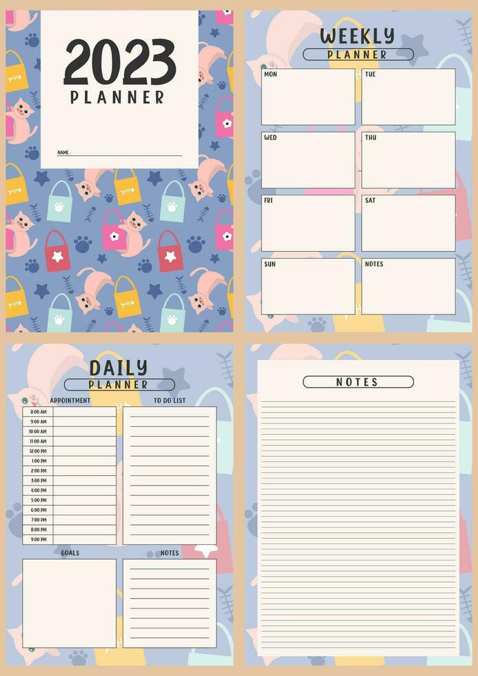 Printable planner template set with cute cat background. Set of cover, weekly, daily planner template with notes, goals and to do list. Notebook page, Business organizer page Vector illustration