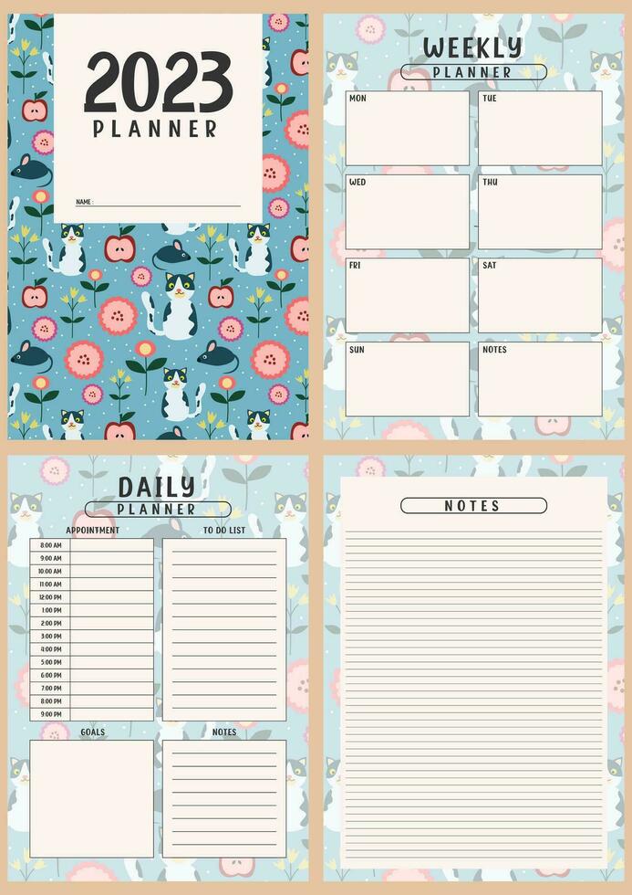 Printable planner template set with cute cat background. Set of cover, weekly, daily planner template with notes, goals and to do list. planner Overview, Journal, Organizer, Vector illustration