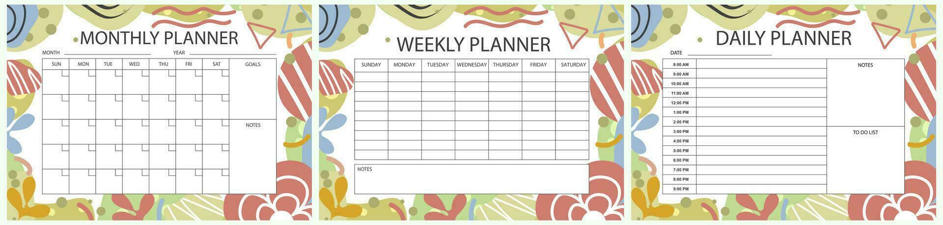 Printable planner template set. Set of  Monthly, weekly, daily planner template with notes, goals and to do list. Schedule, Agenda, planner Overview, Journal, Organizer, Vector illustration