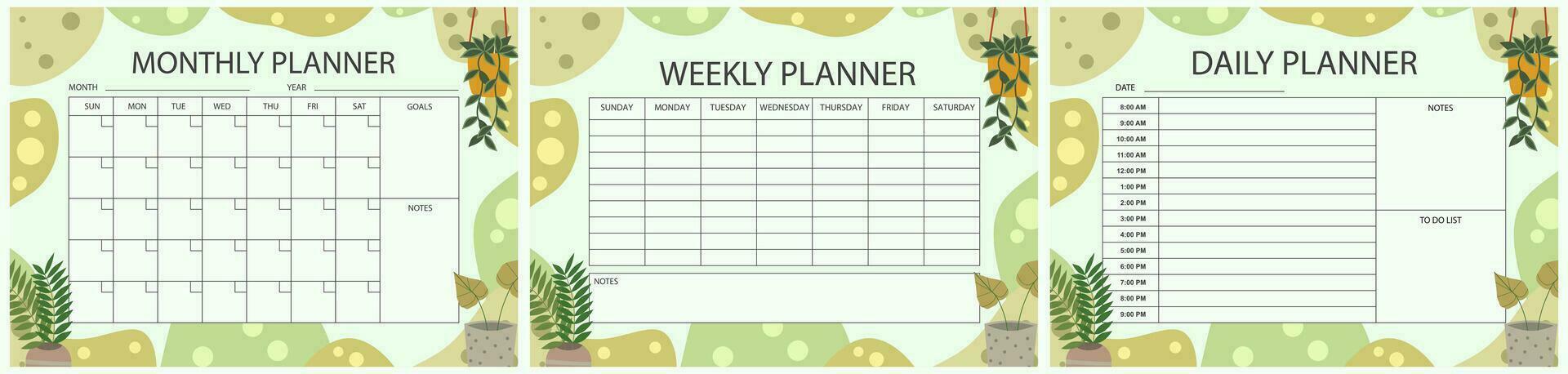 Vector printable planner template set. Set of  Monthly, weekly, daily planner template with notes, goals and to do list. Business organizer page, Notebook page isolated, Vector illustration
