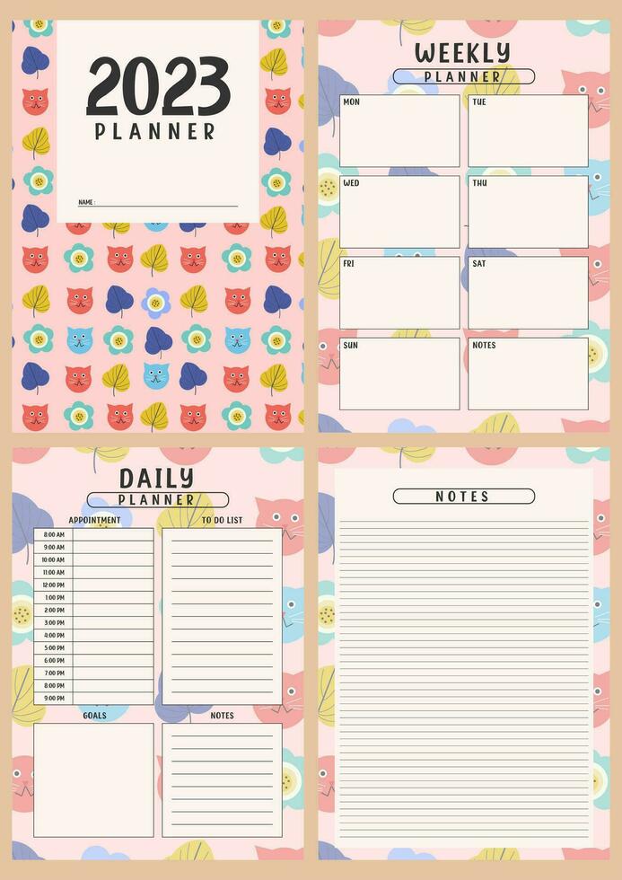 Printable planner template set with cute cat background. Set of cover, weekly, daily planner template with notes, goals and to do list. Business organizer page, Notebook isolated, Vector illustration