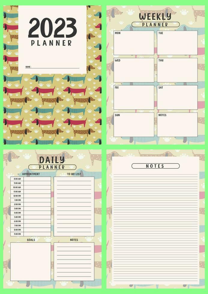 Printable planner template set with cute Dog background. cover, weekly, daily planner template with notes, goals and to do list. Business organizer, Notebook page isolated, Vector illustration