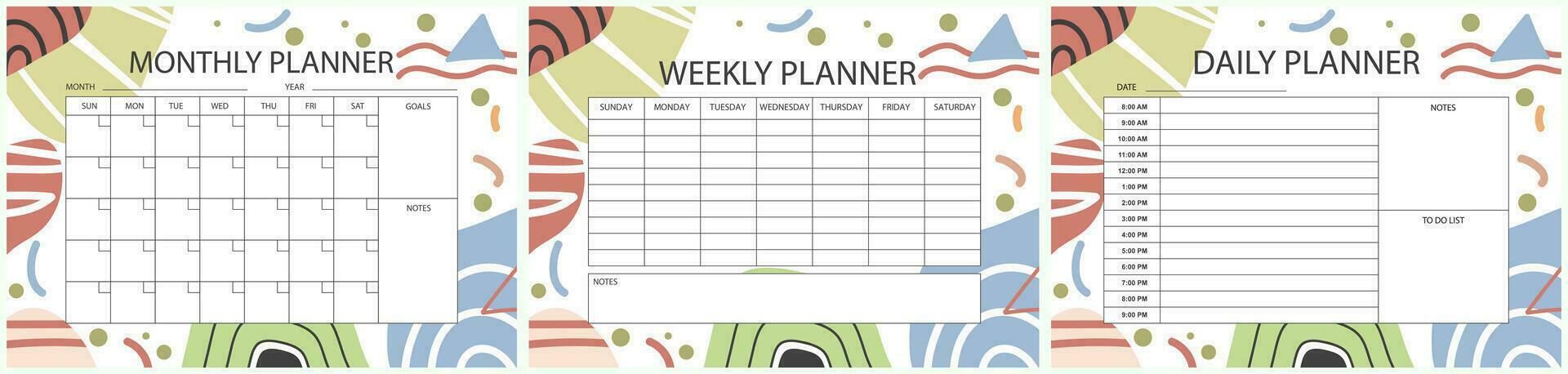 Printable planner template set. Set of  Monthly, weekly, daily planner template with notes, goals and to do list. Notebook page, Business organizer page isolated, Vector illustration