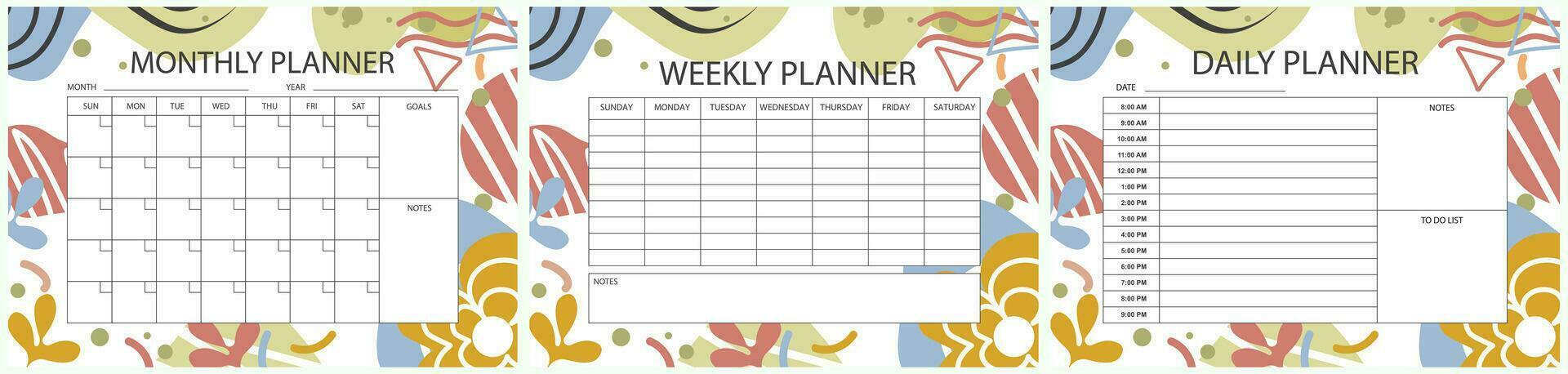 Modern Printable planner template set. Set of  Monthly, weekly, daily planner template with notes, goals and to do list. Schedule, Agenda, planner Overview, Journal, Organizer, Vector illustration