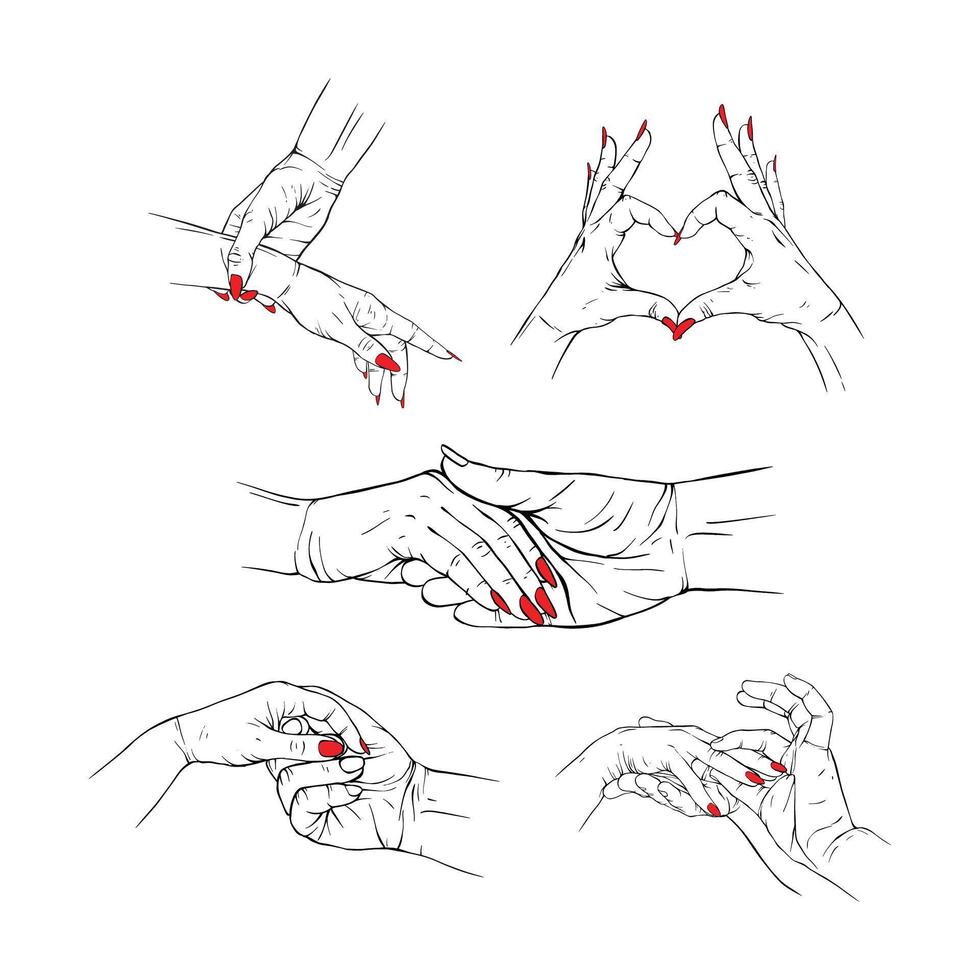 Set couple red neils hand collection drawn gesture vector