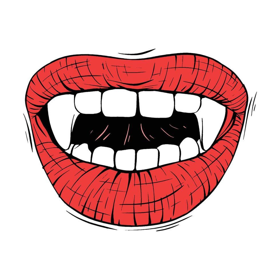 mano dibujado rojo vampiro labios vector