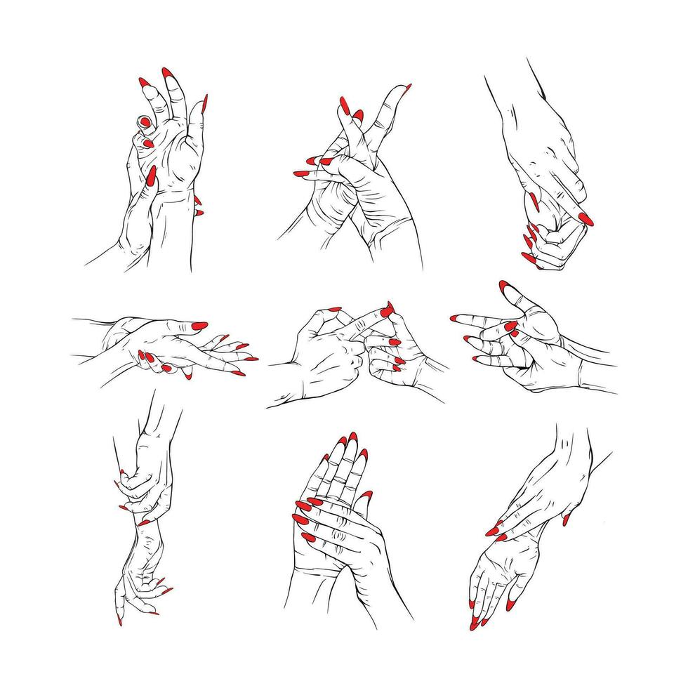 Set red neils two hand collection drawn gesture vector