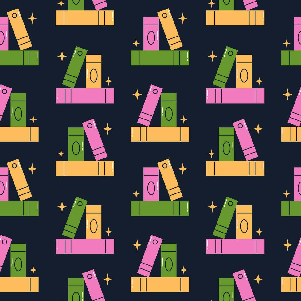 Vector seamless pattern with books and stars. Trendy stack of books on dark. Fairy tale mystic books. Knowledge and education.
