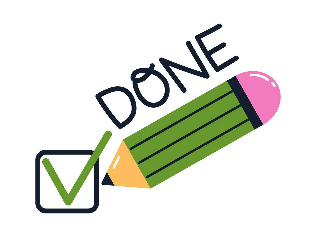 Successful completion of business task. Done sticker in flat design. Check mark with pencil. Concept of completed goal or task. vector