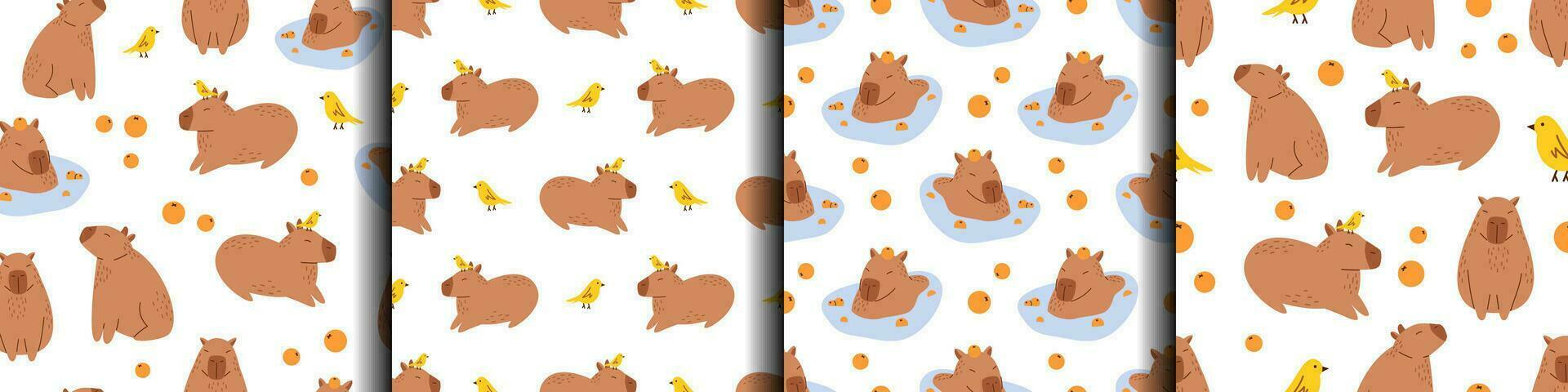 Vector set of seamless patterns with funny capybaras. Background collection with amusing capibaras. Cute capybaras relaxing with mandarin oranges and birds. South American adorable animal patterns.