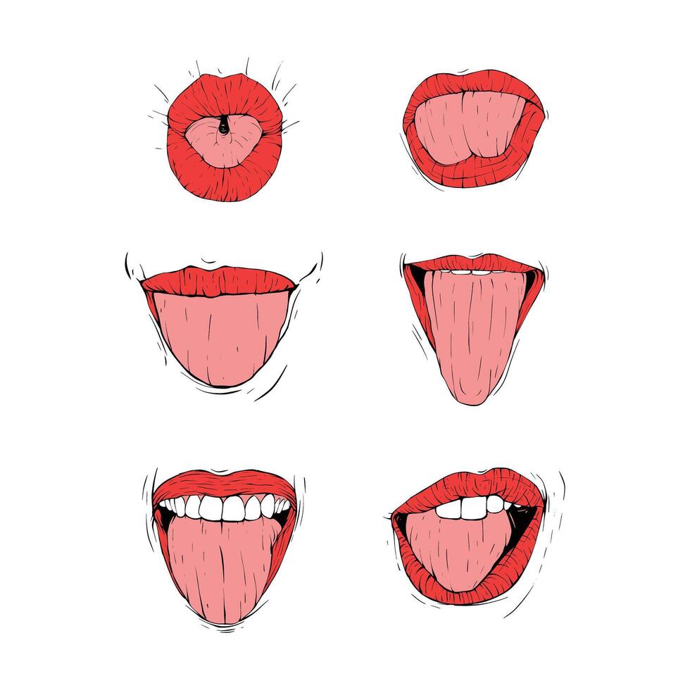 set mouth tongue collection sketch vector