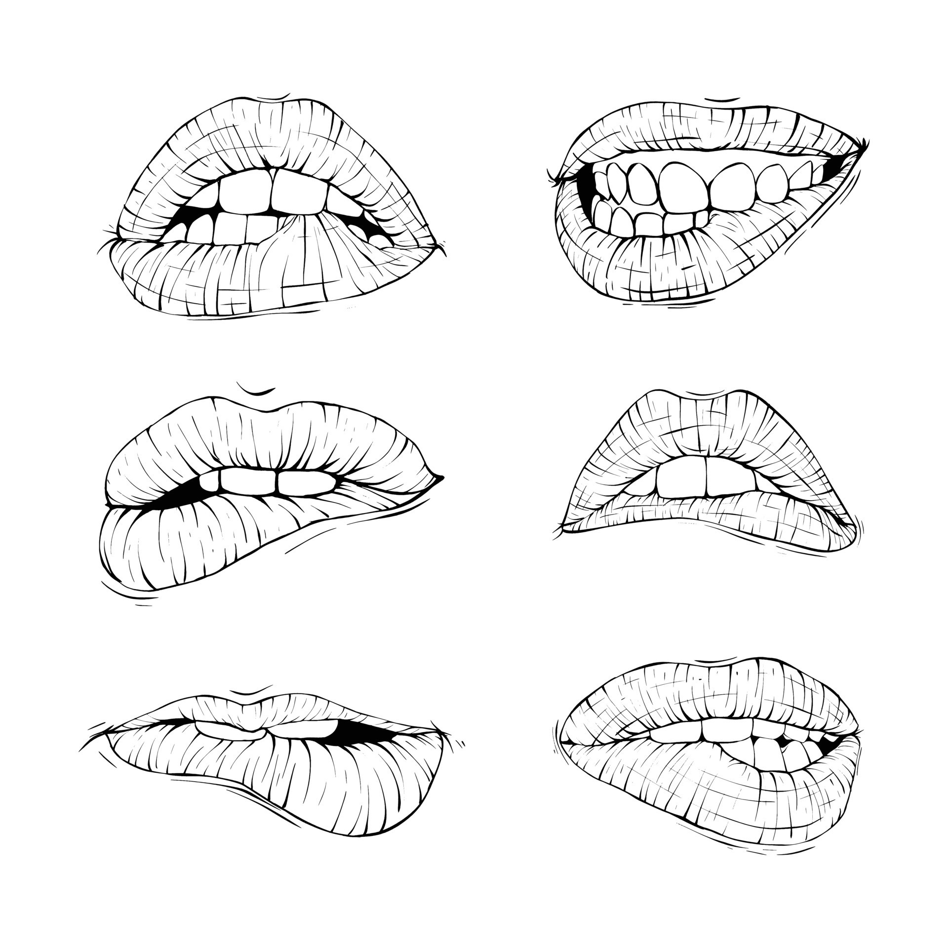 Bite Your Lip Sketch Seductive Mouth Vector Illustration Coloring Book  For Children Valentines Day Doodle Style My Teeth Bit Into My Lower Lip  Sensual Bite Outline On An Isolated Background Royalty Free