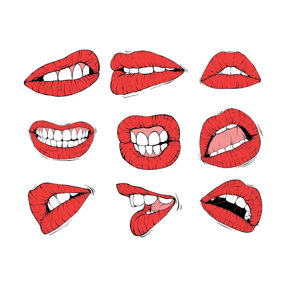 set red female lips collection vector