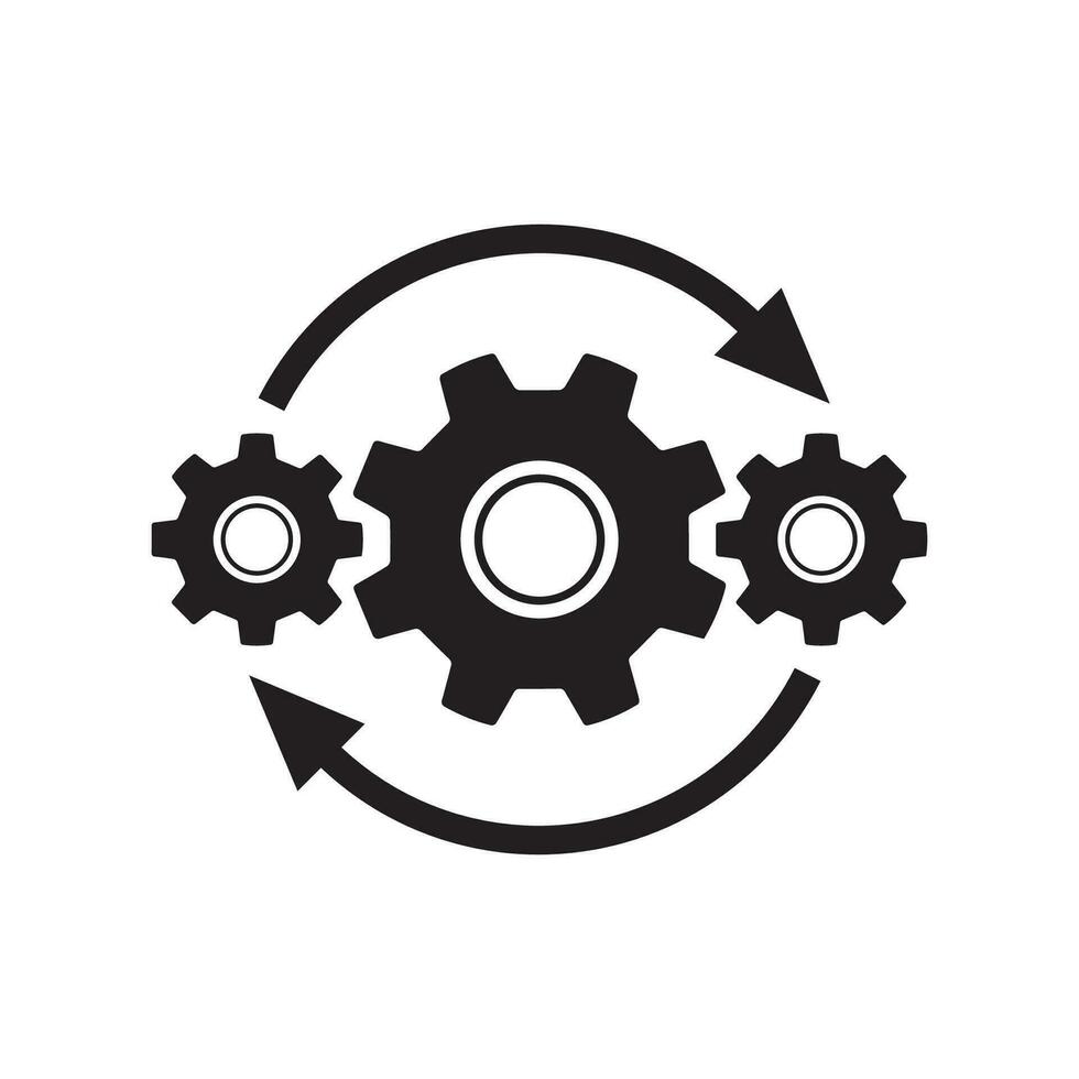 Gears wheel with arrows - concept black icon vector design. SEO creative logo sign. Exchange interaction symbol.