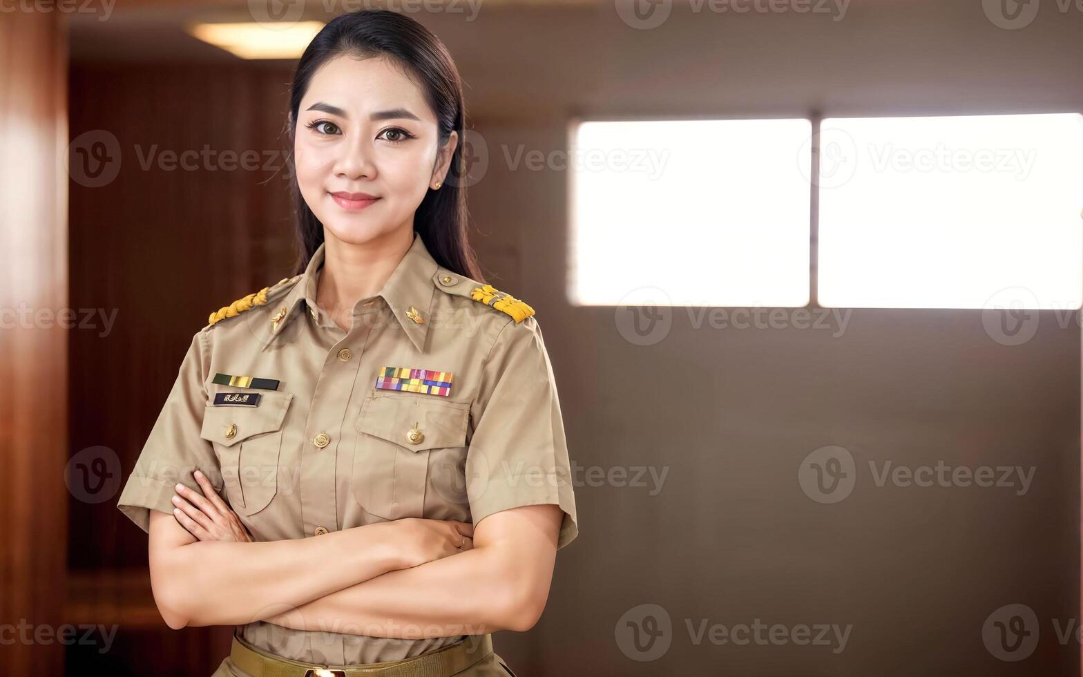 photo of middle aged asian woman in Thai teacher uniform,