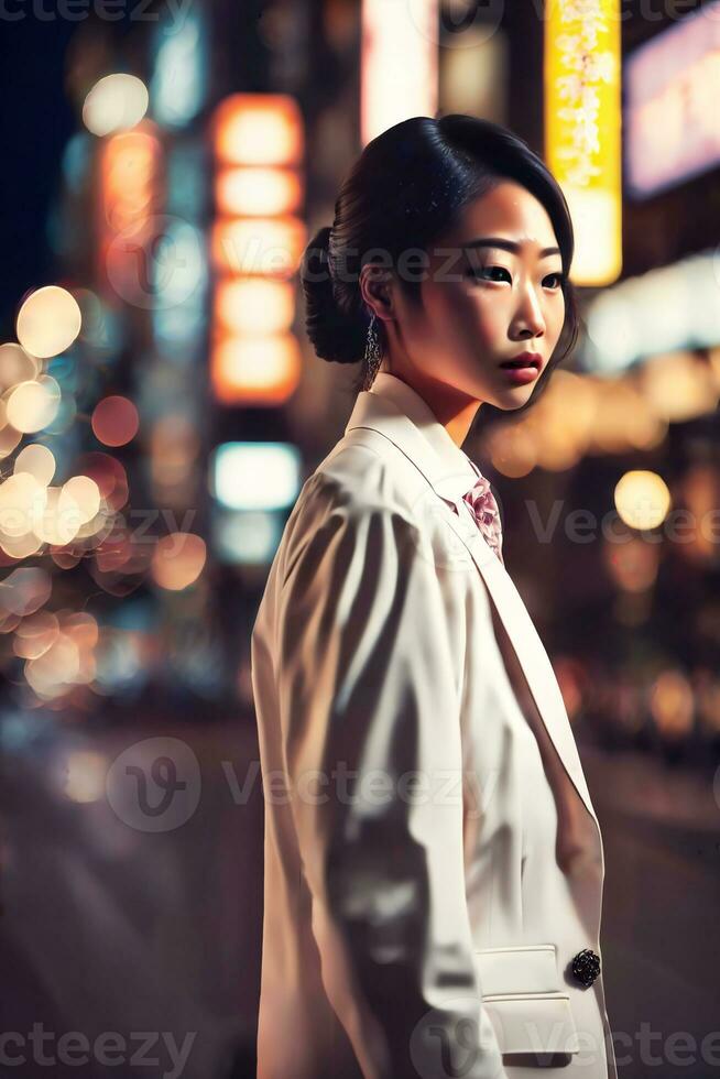 beautiful young asian woman with city street night in background, generative AI photo