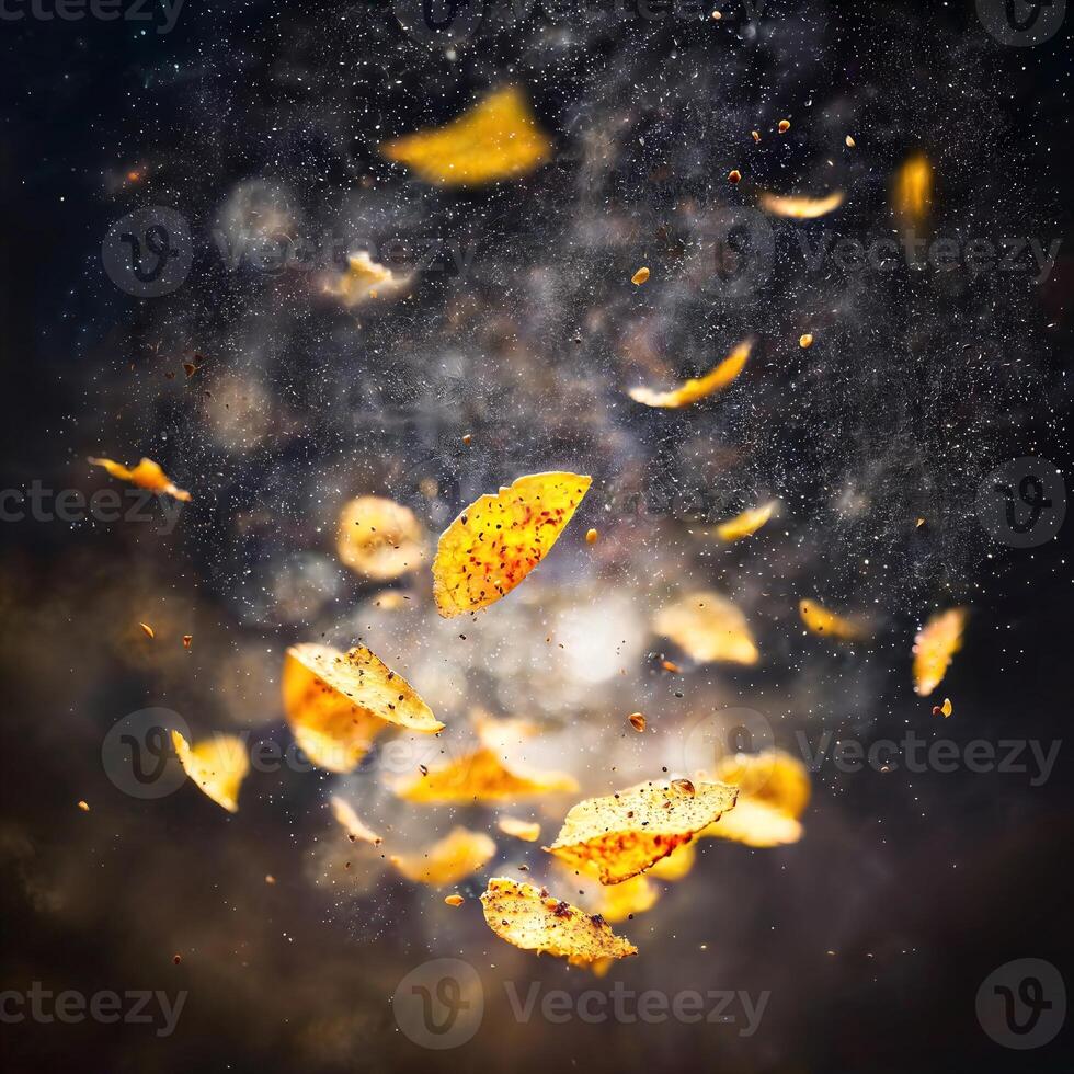 close up of flying slice fries chips in the air, generative AI photo