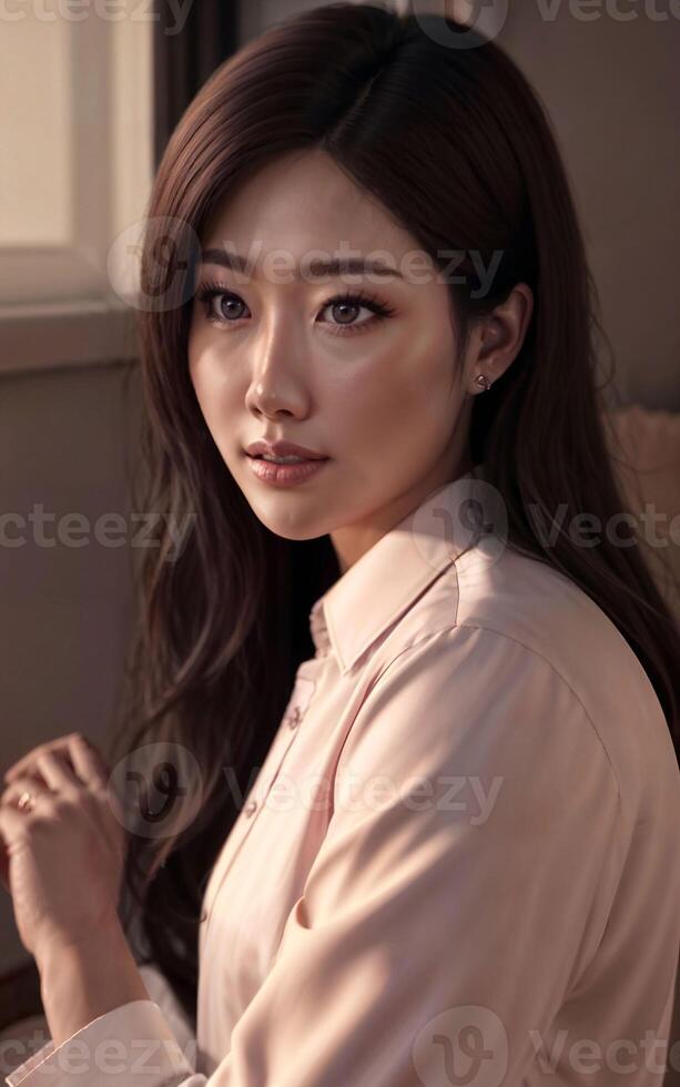 beautiful asian woman at comfort bedroom, photo