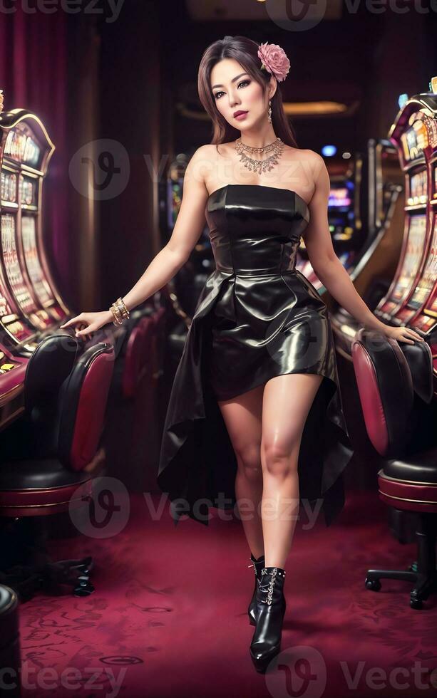 beautiful asian woman with luxury dress in grand casino gambling, generative AI photo