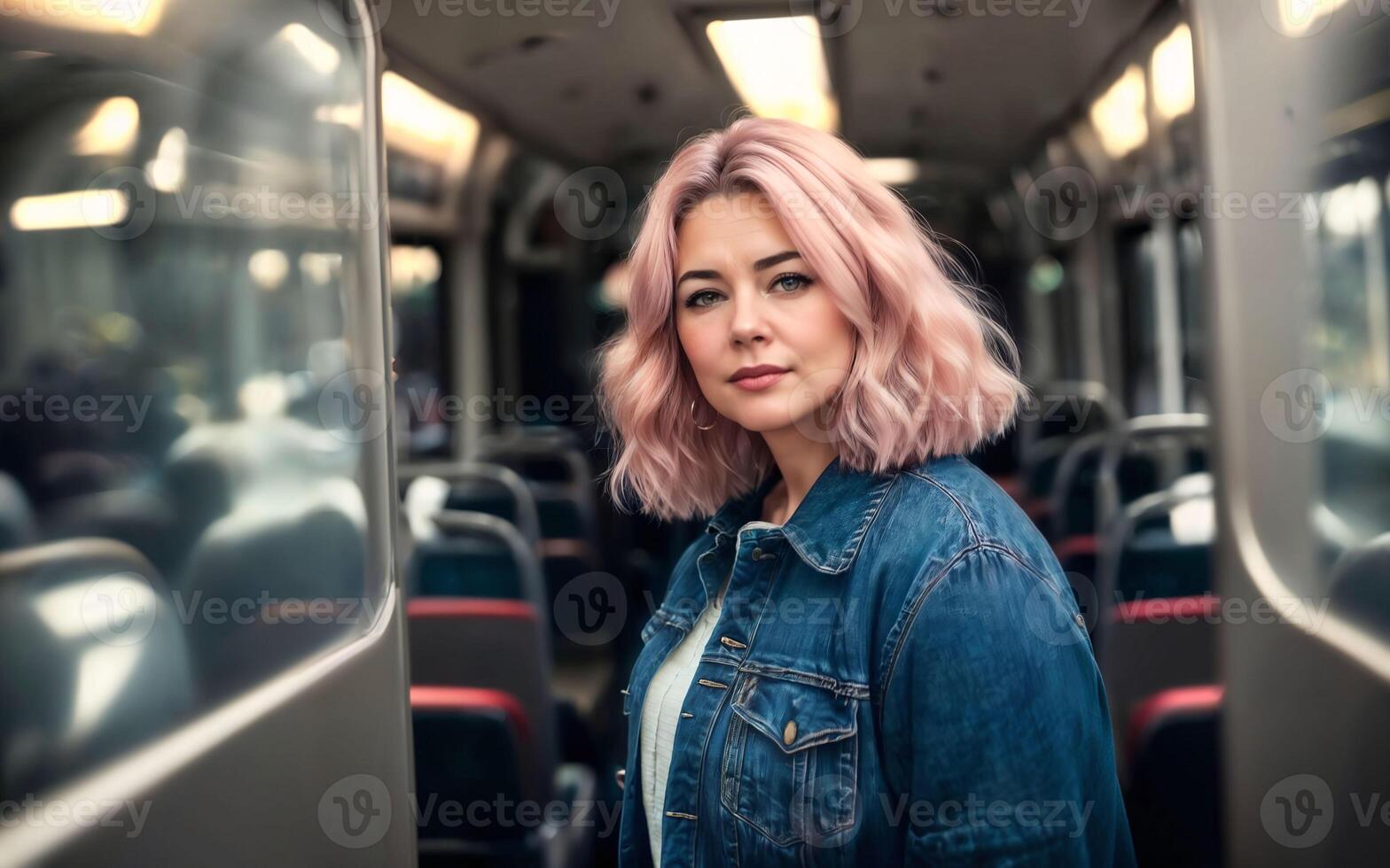 beautiful woman standing inside public bus transport, photo