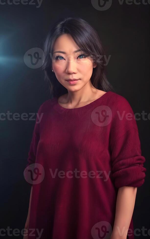 portrait photo of beautiful middle aged asian woman in dark room with light in background, generative AI