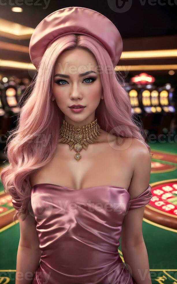 hermosa asiático mujer con lujo vestir en grandioso casino juego, generativo ai foto