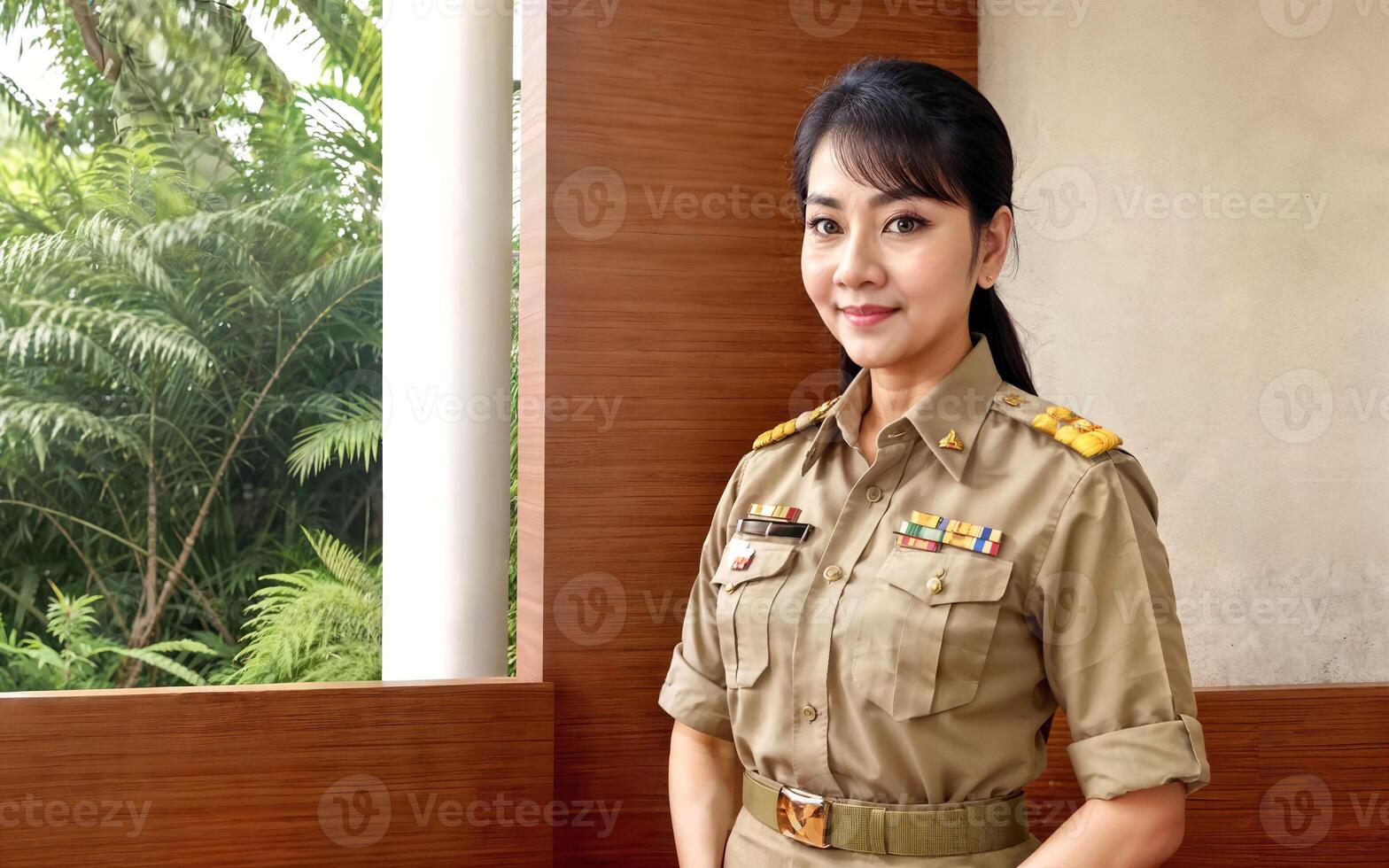 photo of middle aged asian woman in Thai teacher uniform, generative AI