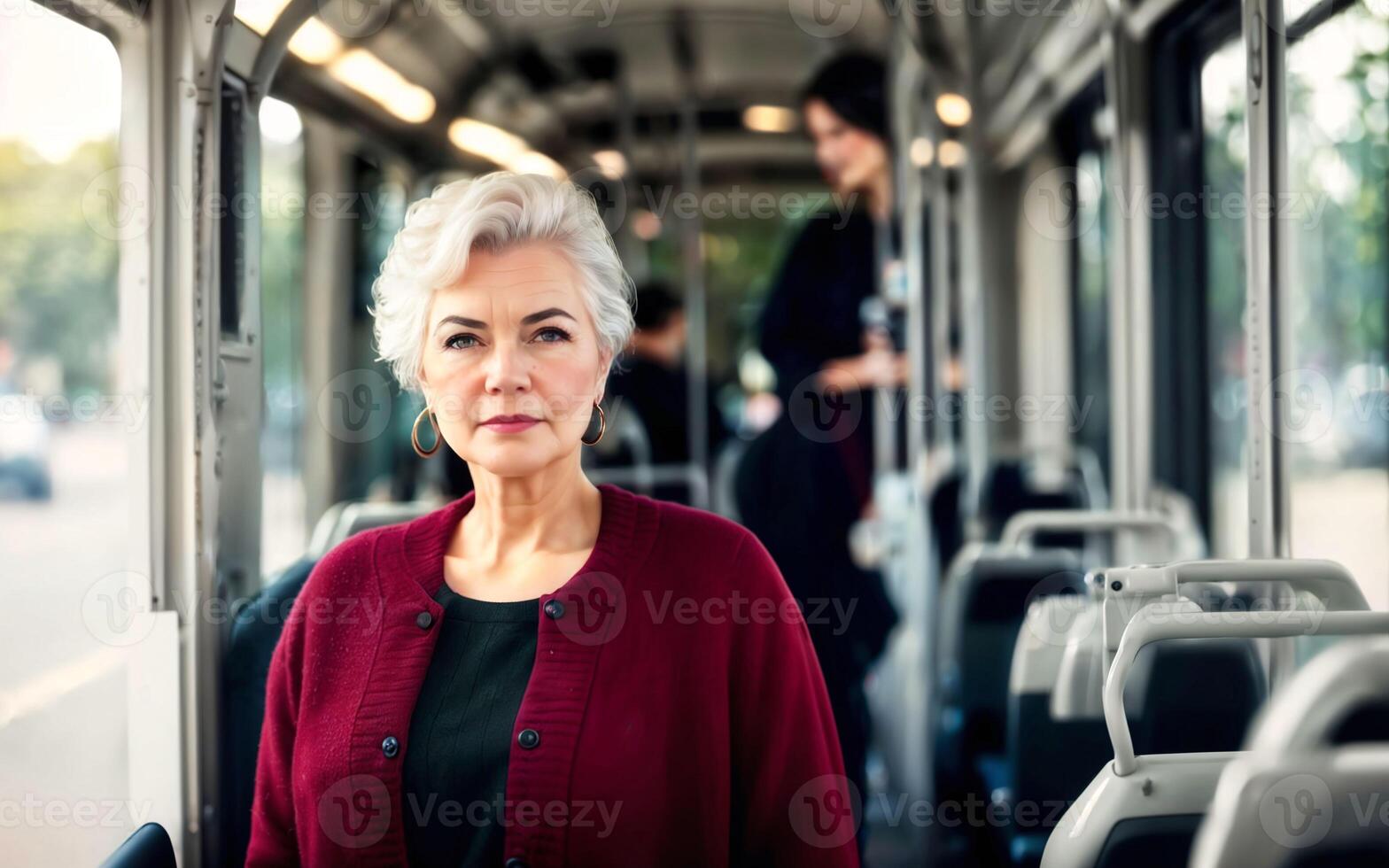 beautiful woman standing inside public bus transport, photo
