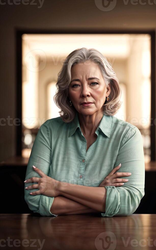 beautiful middle aged old lady woman at house with fresh green plant in background, photo