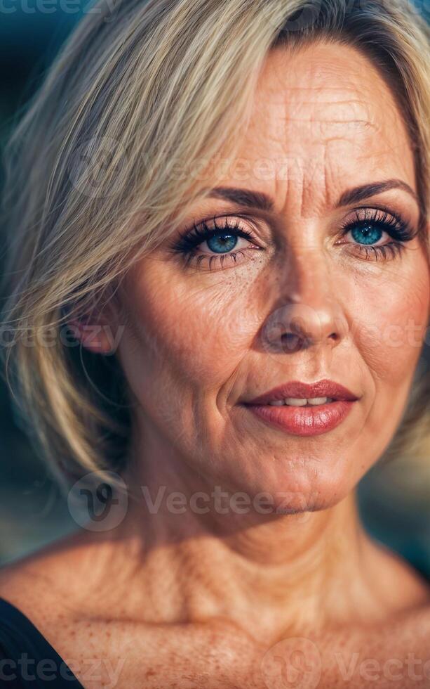 photo of white middle aged old lady american woman in dress at the sand beach, generative AI