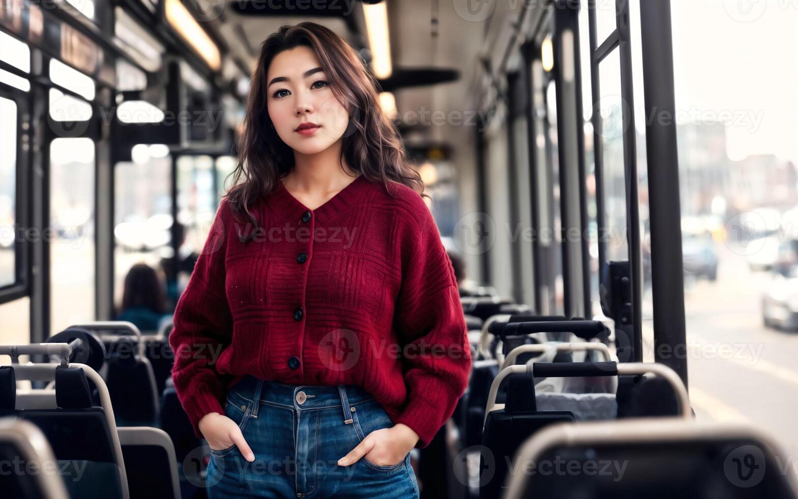 beautiful woman standing inside public bus transport, photo
