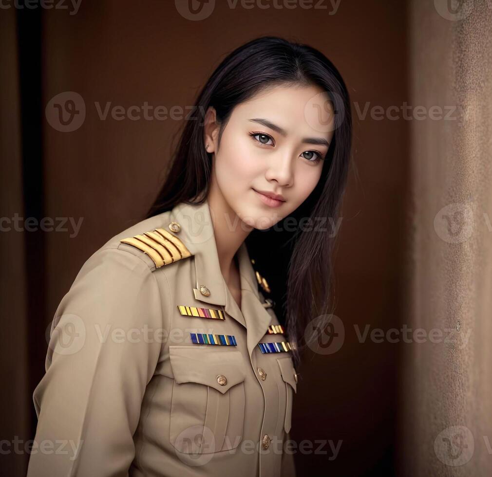 photo of middle aged asian woman in Thai teacher uniform,
