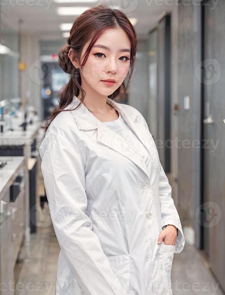 photo of asian woman in white lab coat at modern laboratory,