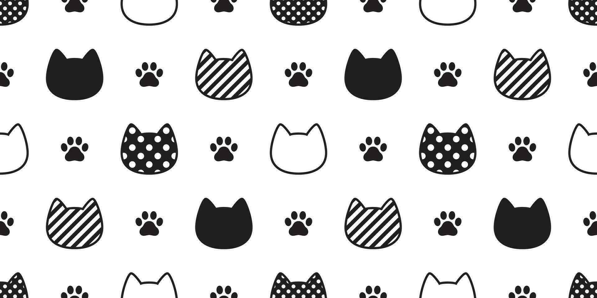 cat seamless pattern vector paw head kitten footprint calico polka dot stripe scarf isolated repeat wallpaper cartoon tile background illustration doodle