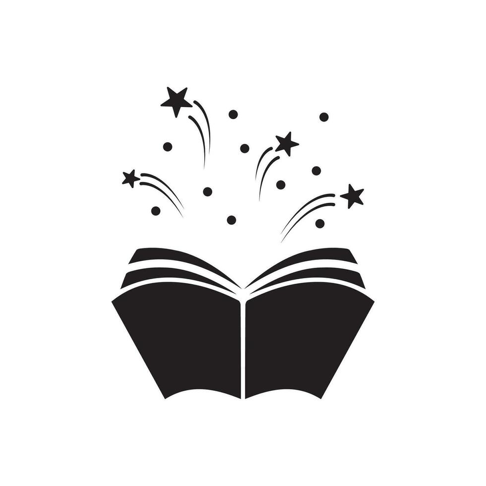 abierto libro con estrellas o fuegos artificiales volador afuera. aislado en blanco antecedentes. plano icono. magia, creativo leyendo logo. cuento de hadas pictograma. libro para niños vector