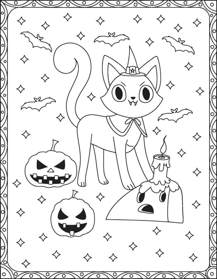 Halloween Coloring Pages,Halloween Cat Coloring pages for kids, Halloween illustration, Halloween Vector, Black and white, Cat illustration vector