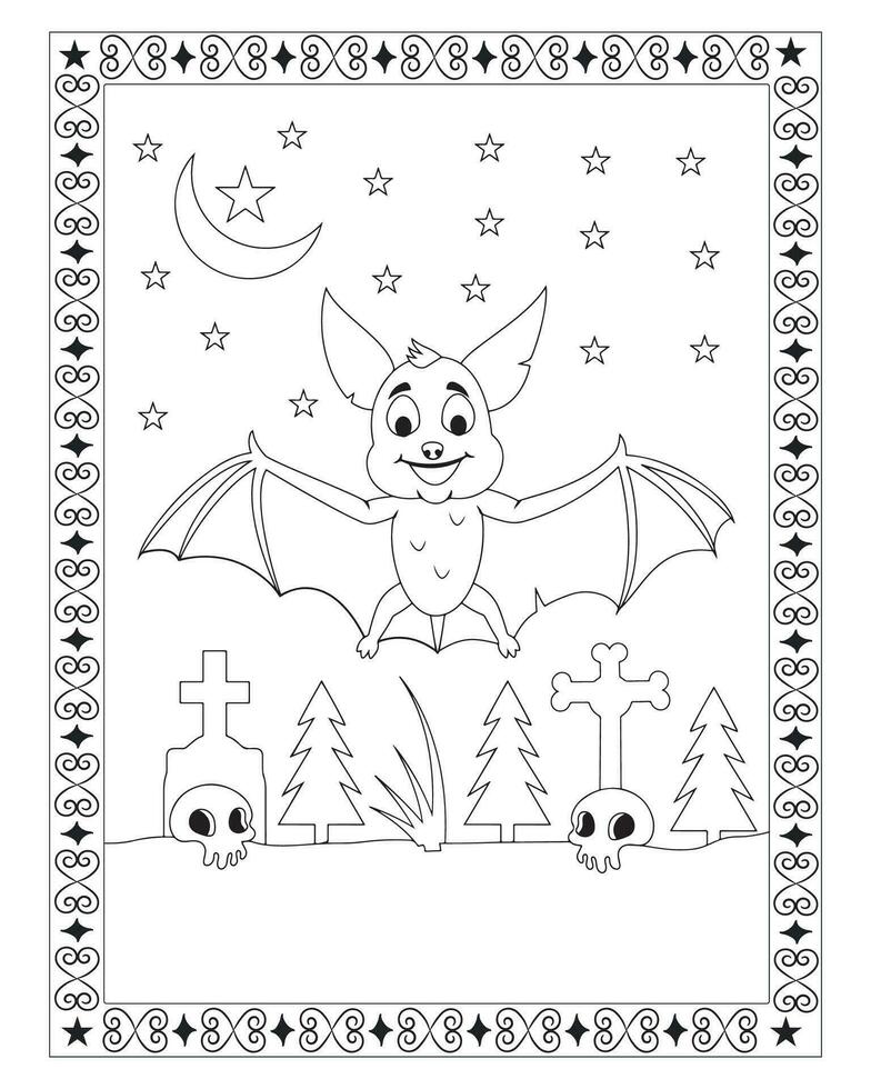 Halloween Coloring Pages for kids, Halloween Bat Coloring pages for kids, Halloween illustration, Halloween Vector, Black and white, Bat Vector