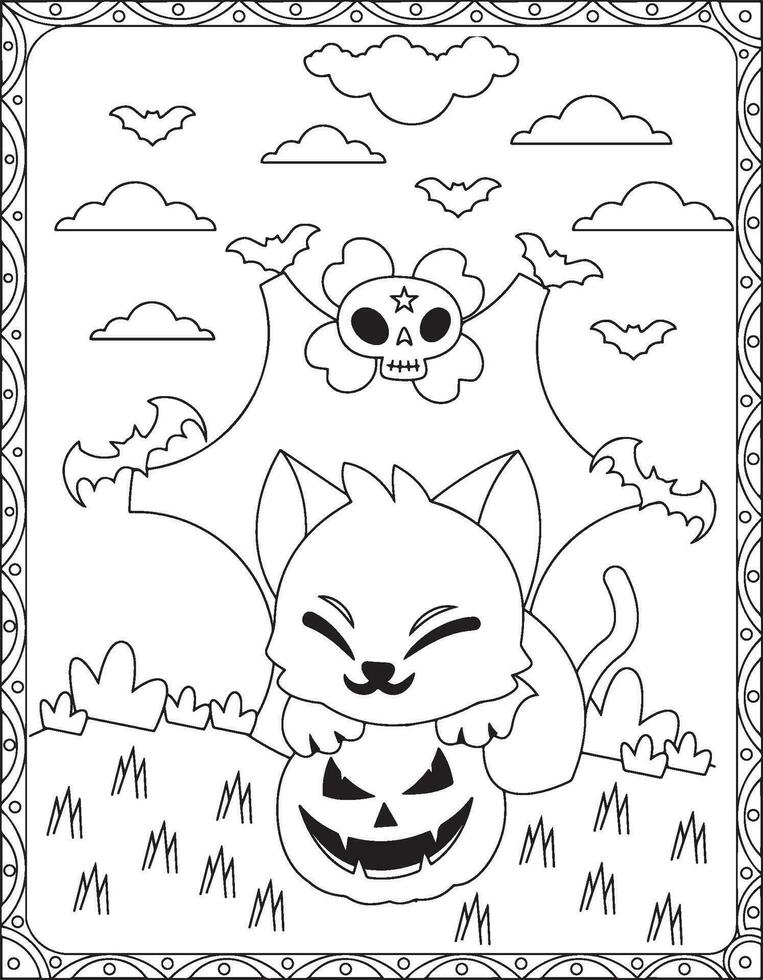 Halloween Coloring Pages,Halloween Cat Coloring pages for kids, Halloween illustration, Halloween Vector, Black and white, Cat illustration vector
